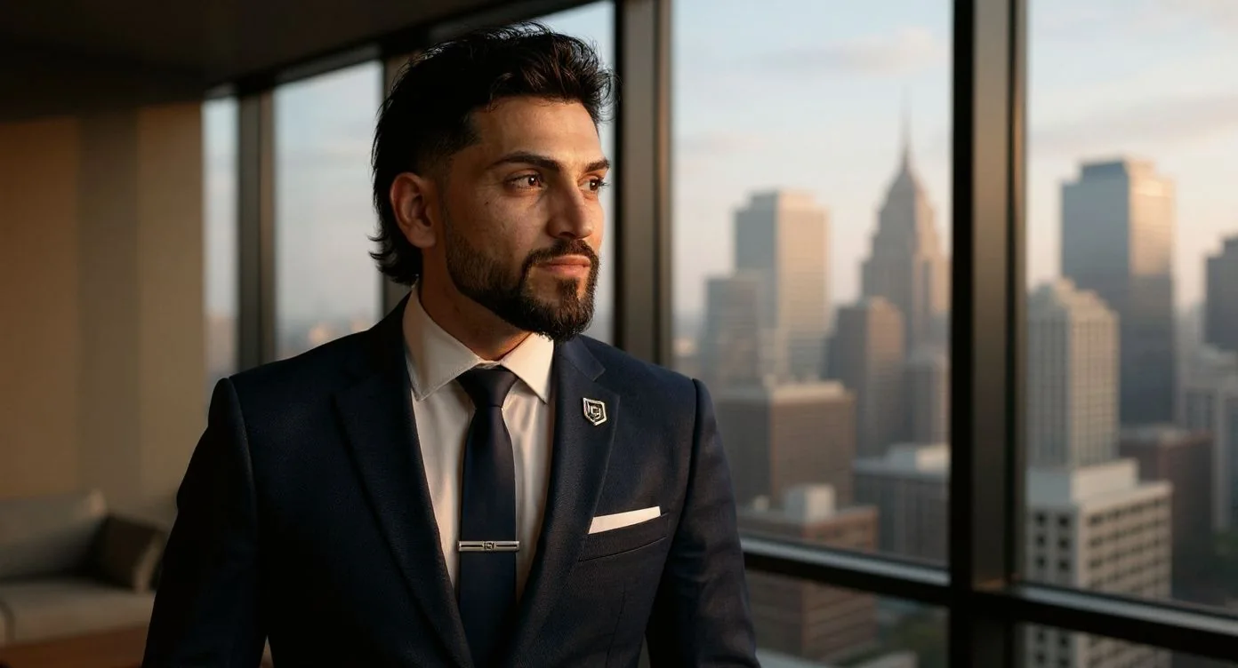 Magdiel S. Ramos at a window above a city skyline